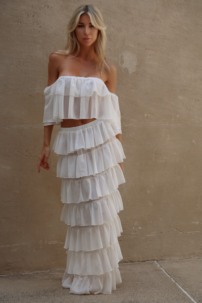 White Chiffon Ruffle Off The Shoulder Top Skirt Set Moda Minx